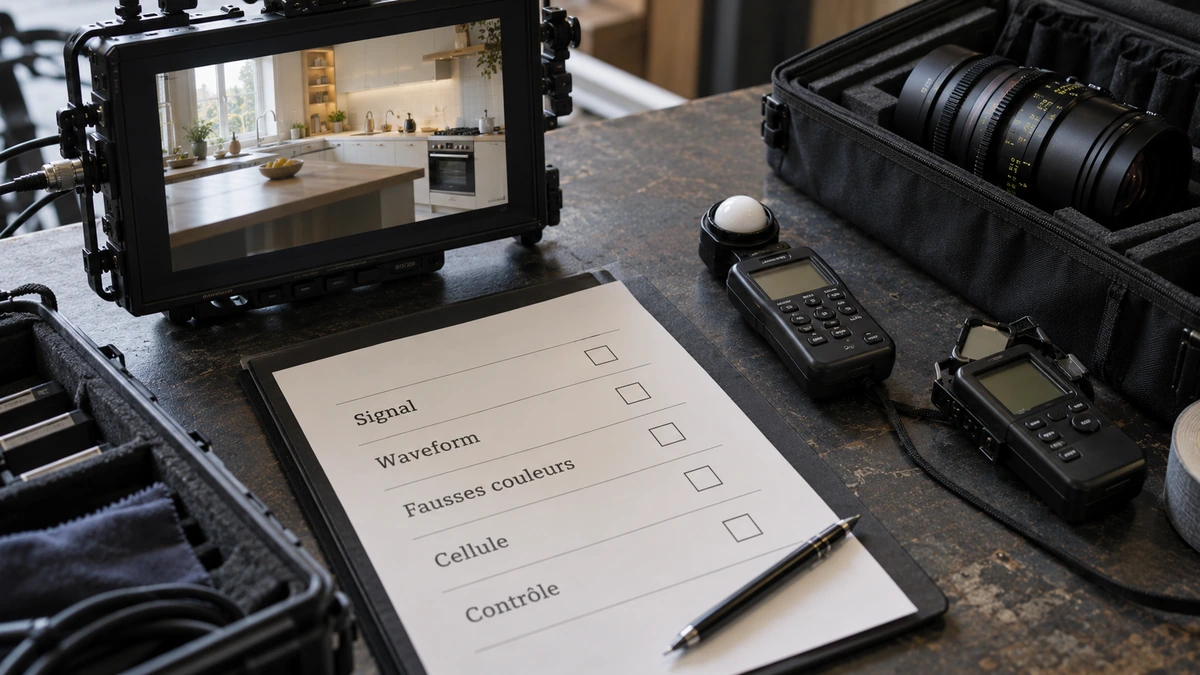 Une fiche de contrôle, un moniteur et des instruments de mesure sont disposés dans une caisse de matériel.