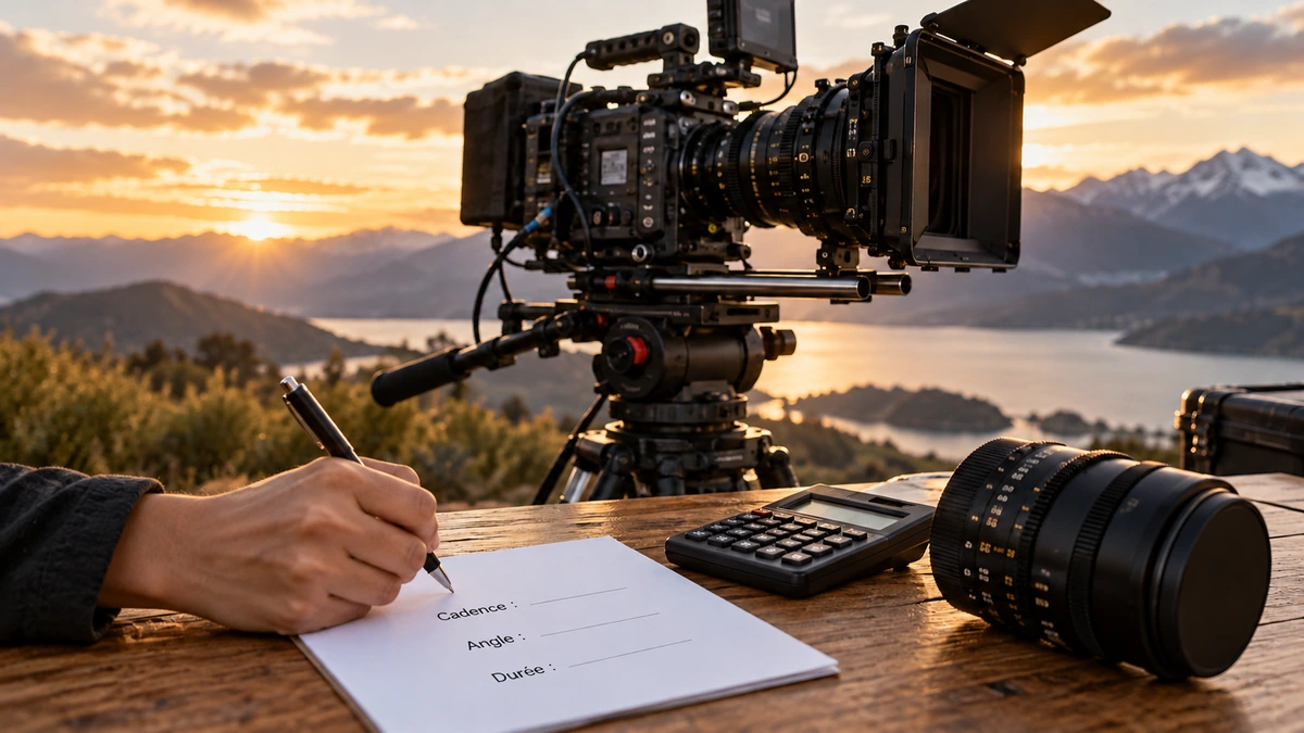 Une caméra et une fiche cadence-angle-durée sont posées face à un paysage au coucher du soleil.