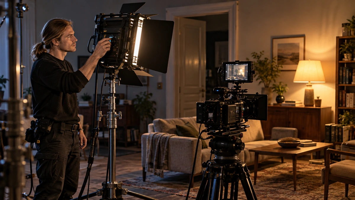 Un homme ajuste une source lumineuse près d’une caméra et de son moniteur.