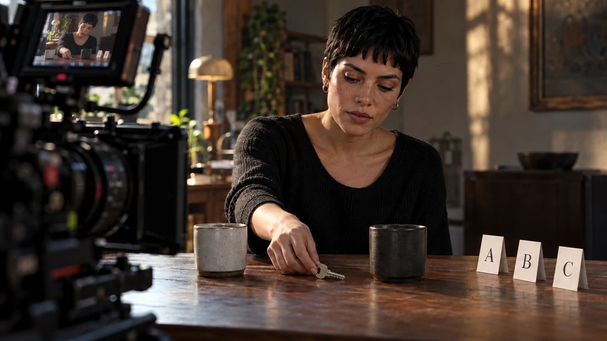 Une personne déplace une clé sur une table devant des repères de prises A, B et C.