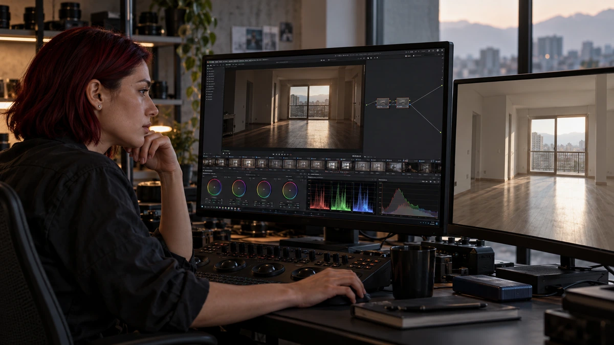 Une femme examine une image d’intérieur sur un poste d’étalonnage et un écran de référence.