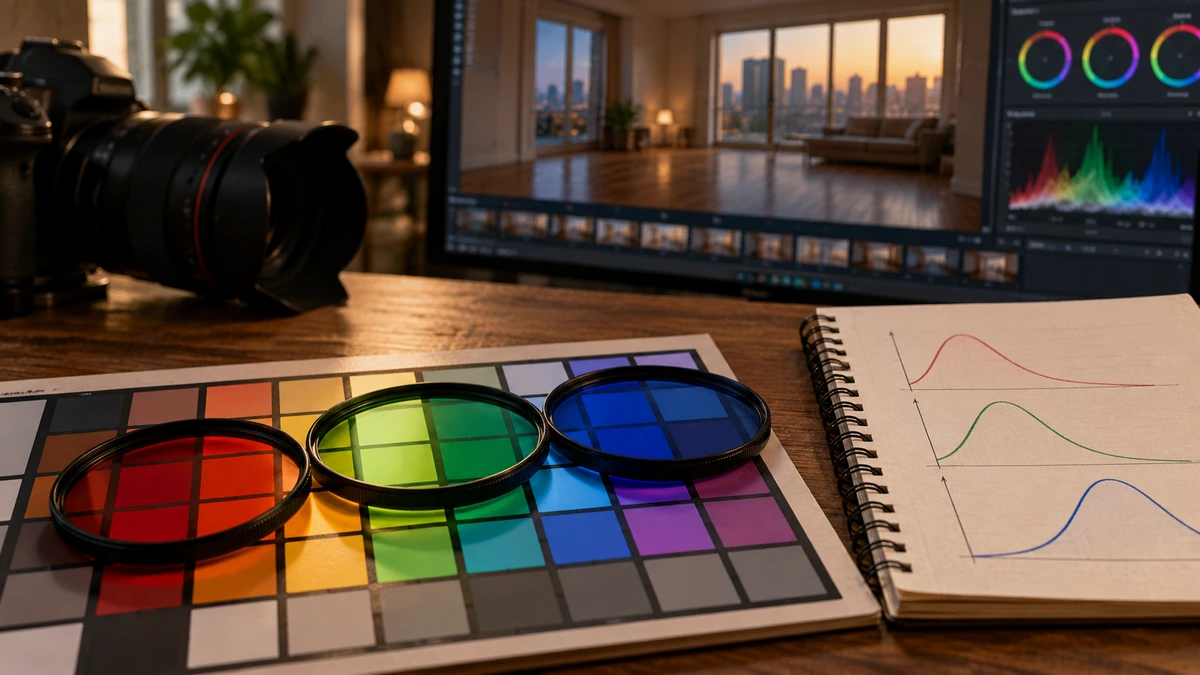 Des filtres colorés et des mires illustrent un travail de préparation colorimétrique.