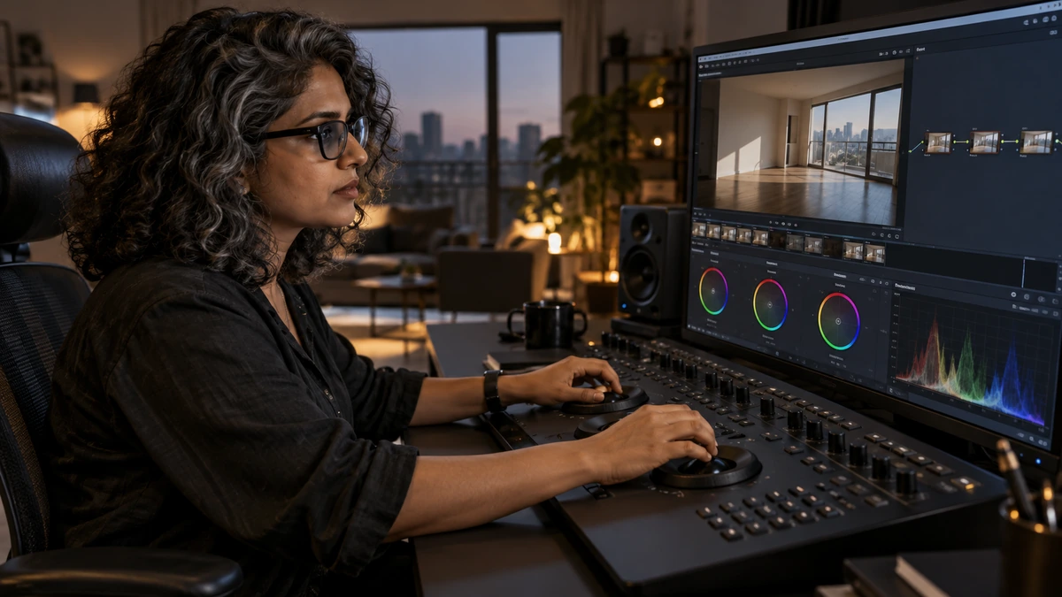 Une étalonneuse examine les couleurs d’une scène sur son moniteur.
