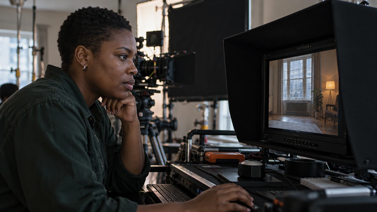 Une femme examine une image d’intérieur sur un moniteur de tournage.