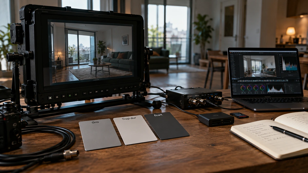 Un moniteur, un ordinateur et trois références grises sont installés sur une table.