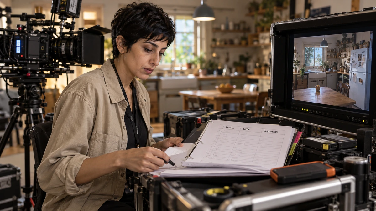 Une femme remplit une fiche près d’une caméra et d’un moniteur de tournage.