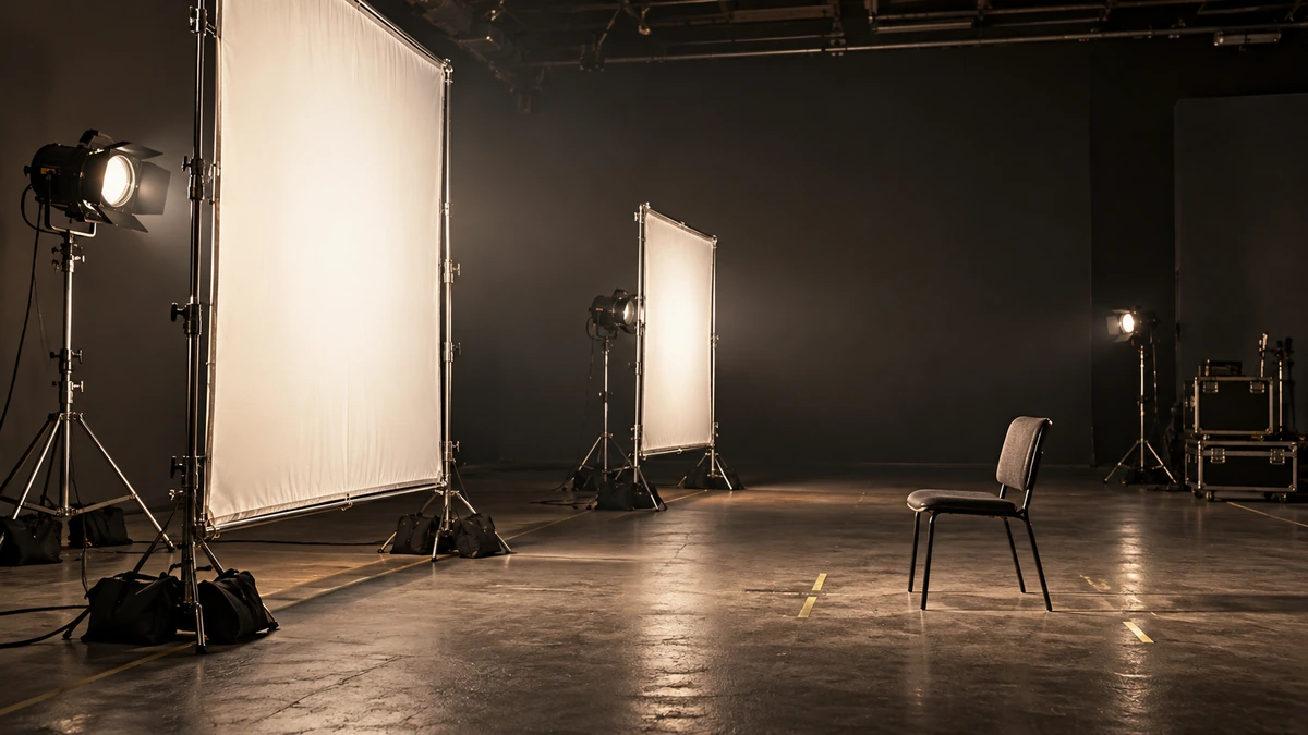 Deux surfaces diffusantes de dimensions différentes sont installées devant une chaise dans un studio.