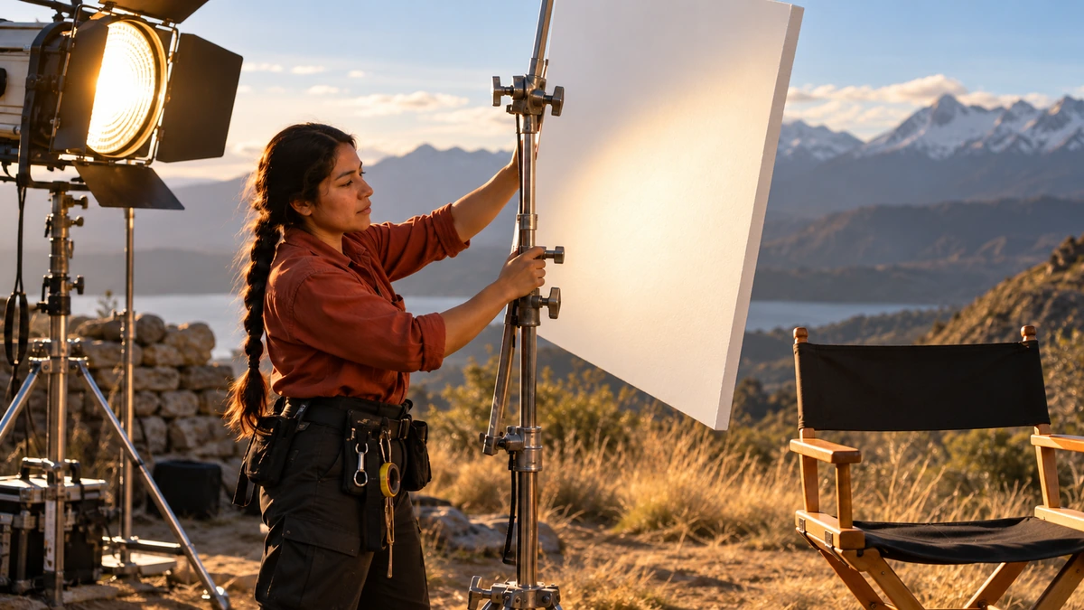 Une technicienne oriente un panneau blanc près d’un projecteur.