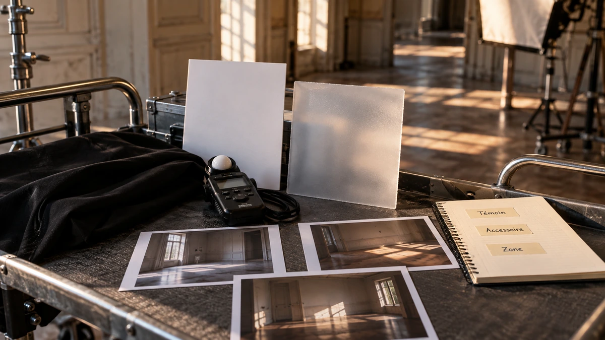 Des échantillons clairs, une cellule et des photos de référence sont disposés sur une table.