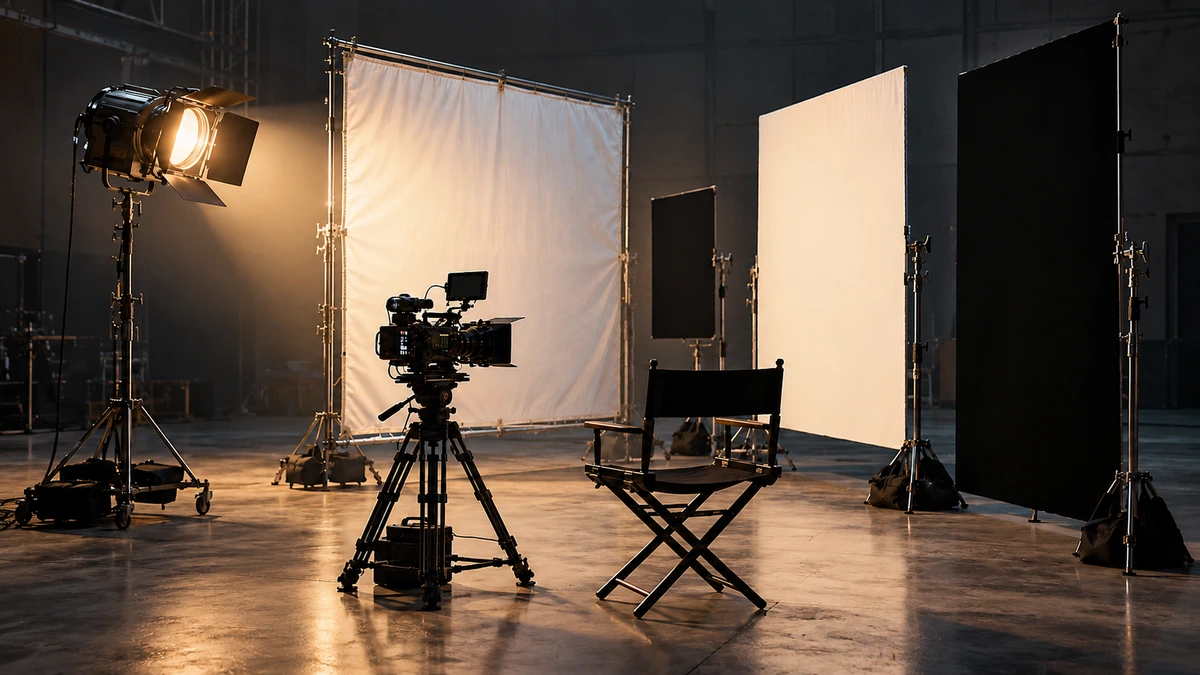 Des panneaux blancs, noirs et diffusants entourent une caméra dans un studio.