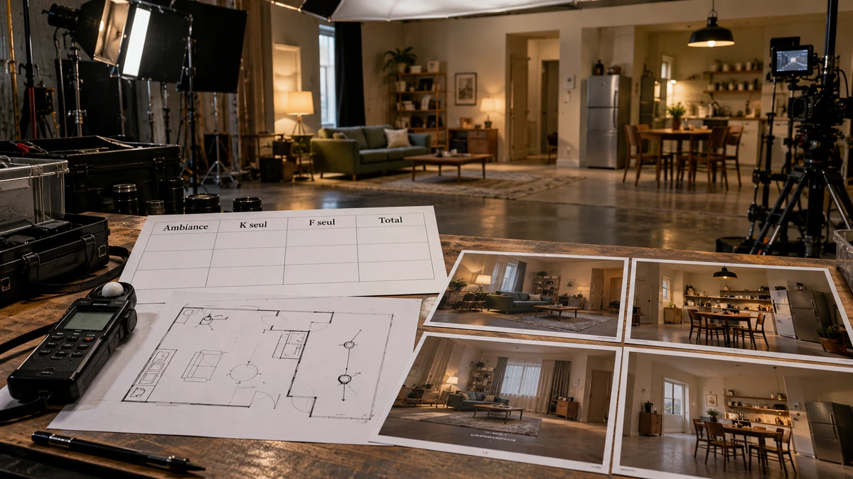 Un plan d’éclairage et des références photographiques sont disposés sur une table.