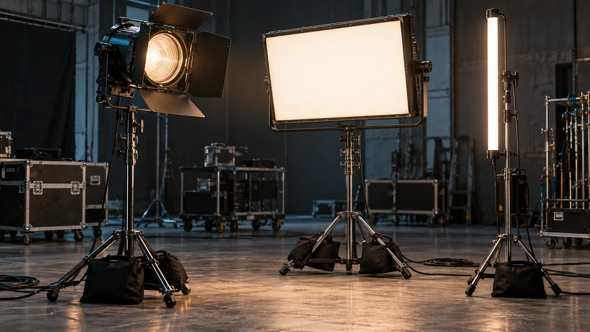 Trois sources lumineuses de formes différentes sont installées dans un studio.