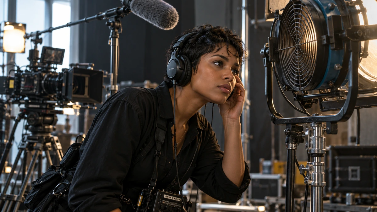 Une technicienne au casque écoute près d’un projecteur et d’un microphone.