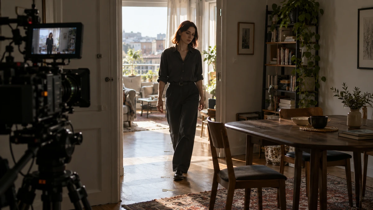 Une comédienne avance vers une table dans un décor de cuisine filmé par une caméra.