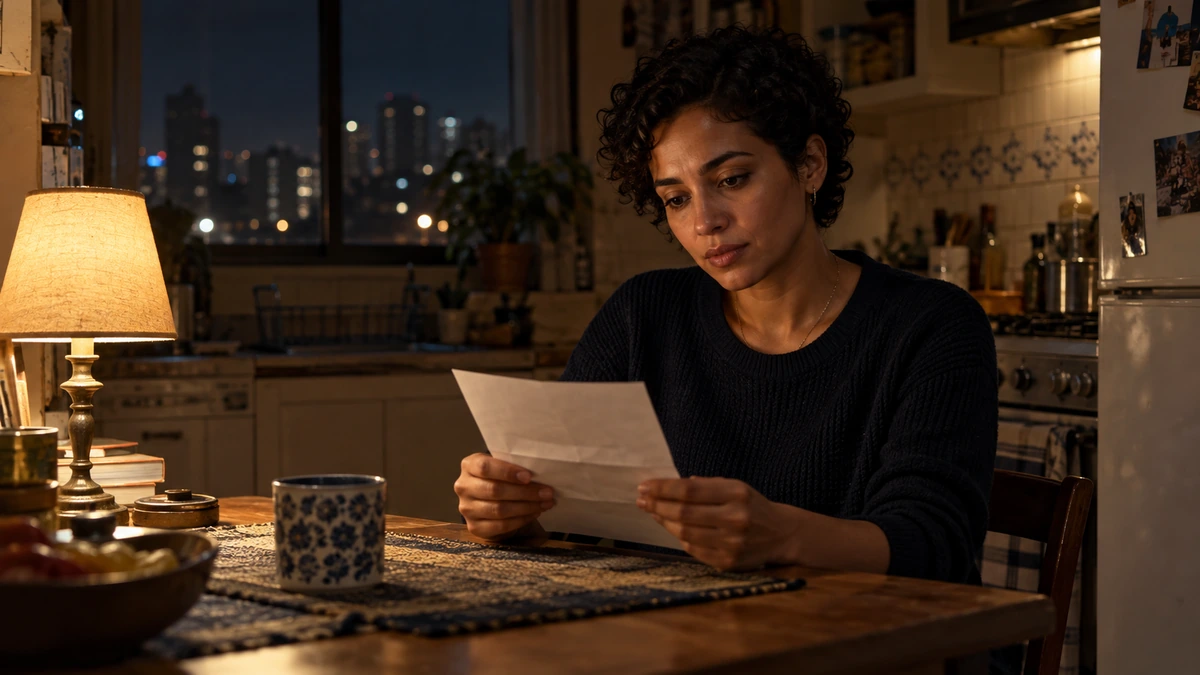 Une personne lit un document à une table dans un intérieur nocturne éclairé par une lampe.