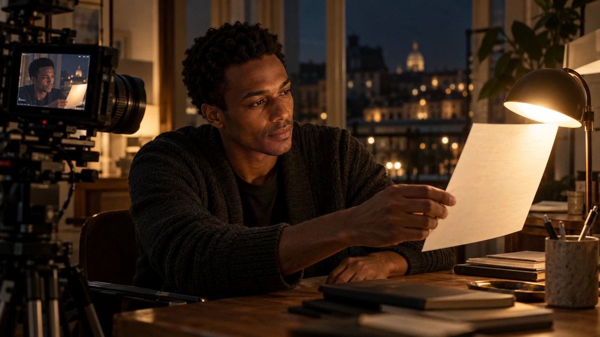 Un comédien approche un papier d’une lampe de bureau devant une caméra.