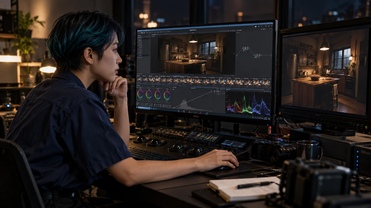 Une opératrice examine un rendu de scène nocturne sur deux écrans.