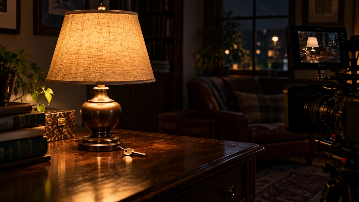 Une lampe de table éclaire une clé dans un décor de nuit filmé par une caméra.