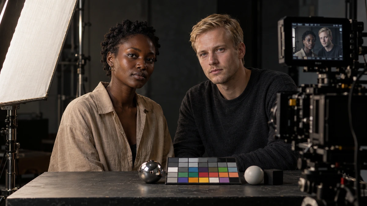 Deux personnes sont filmées près d’une charte de couleurs sous une grande source.