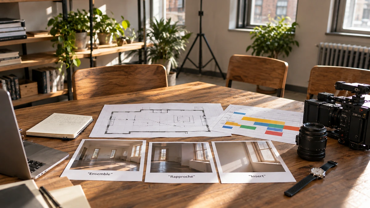 Des photographies de repérage et un planning sont étalés sur une table près d’une fenêtre.