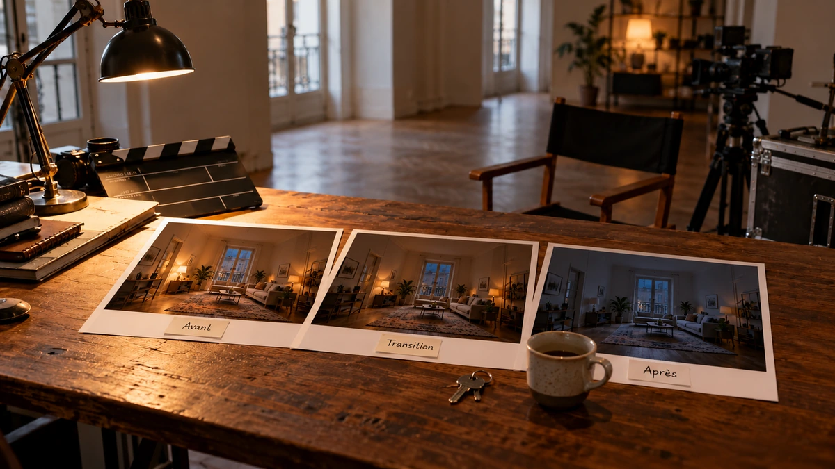 Trois photographies montrent un même espace sous des états lumineux différents.