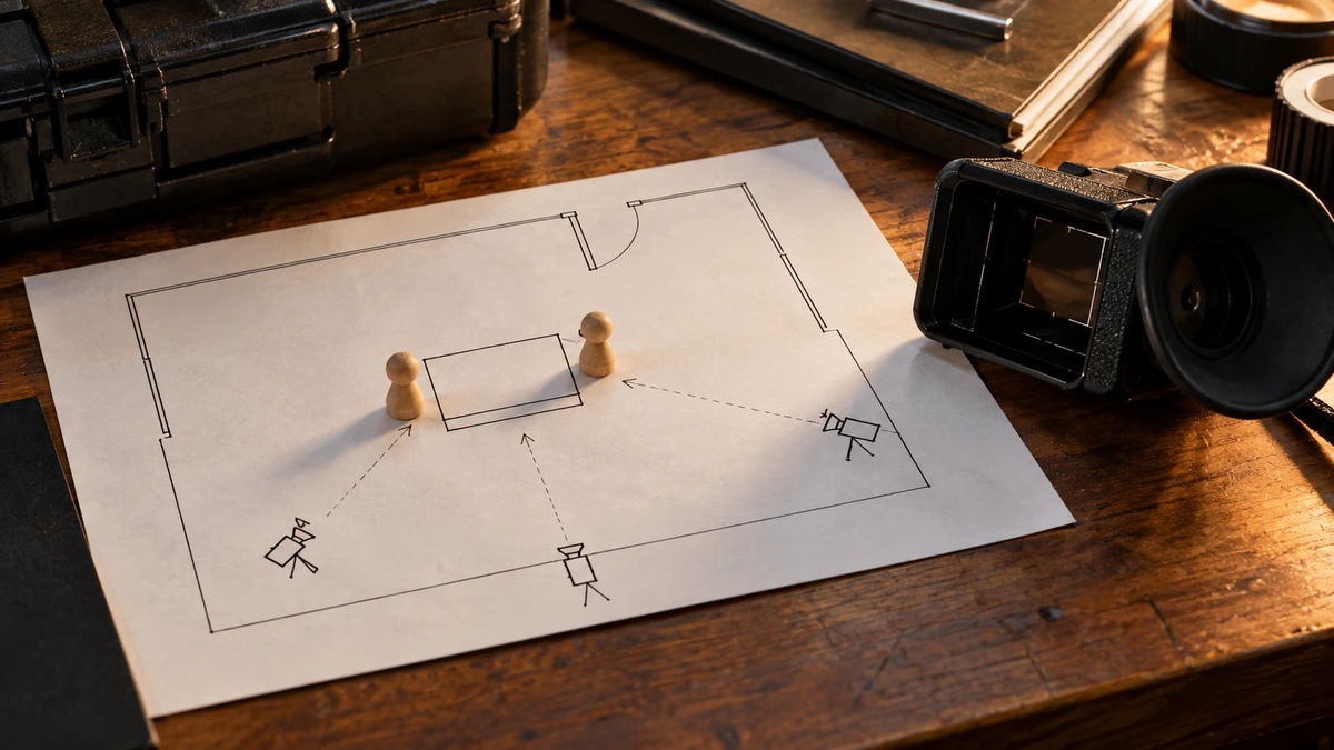 Un plan au sol représente une table, deux positions et des directions de caméra.