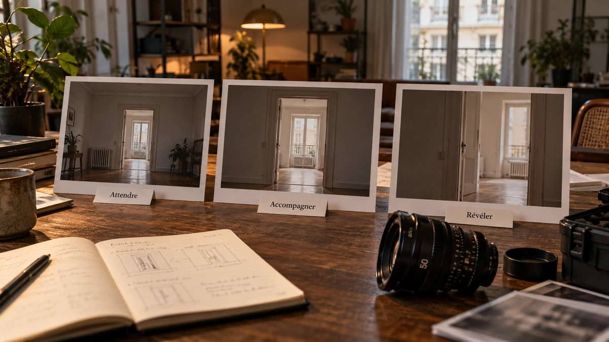 Trois photographies de cadres sont disposées avec des notes de préparation sur une table.