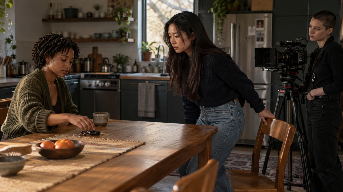 Trois interprètes répètent autour d’une table et d’une chaise dans une cuisine.