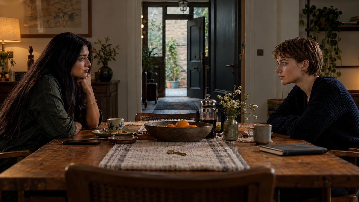 Deux interprètes se font face à une table dans un même cadre.