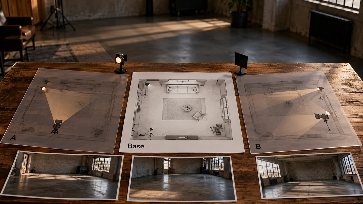 Des variantes de plans lumière et des photos de repérage sont posées sur une table.