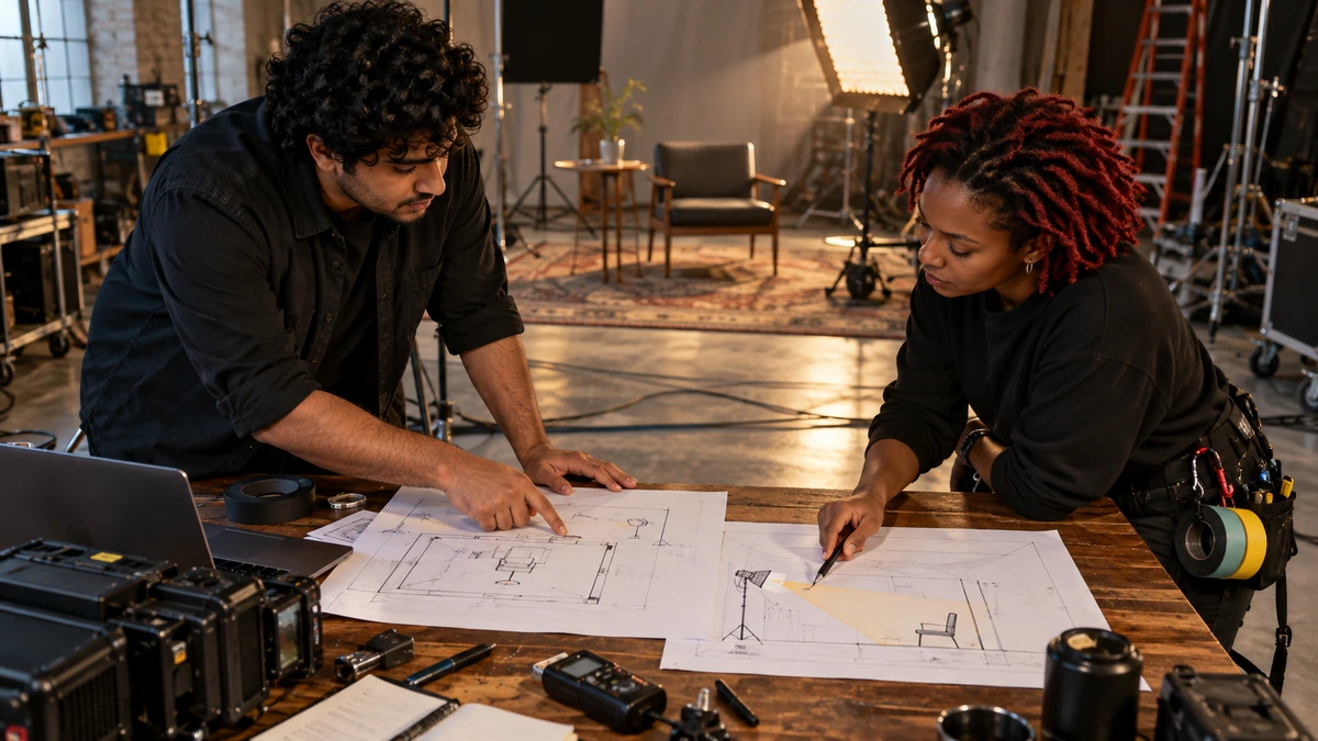 Deux membres de l’équipe examinent ensemble des plans de lumière sur une table.