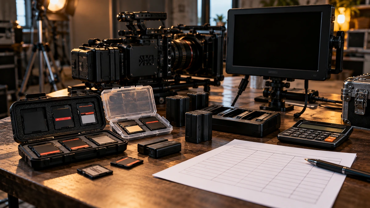 Cartes, batteries, caméra et moniteur accompagnent une feuille de préparation.