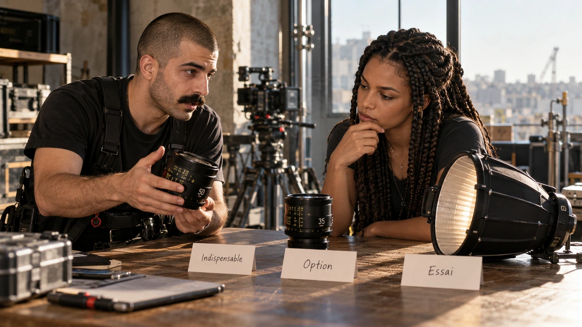 Deux techniciens discutent les priorités du matériel autour d’une table.