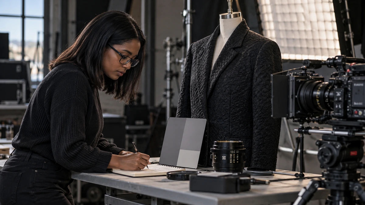 Une technicienne remplit une fiche d’essai à côté d’une caméra et de vêtements.