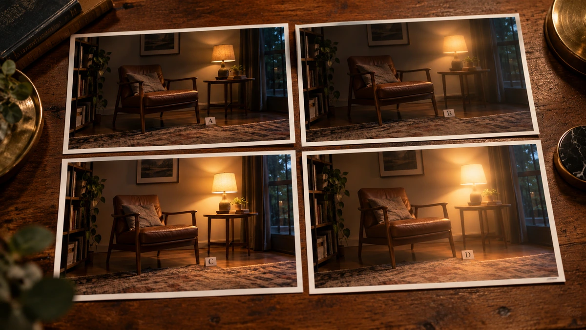 Quatre photographies de variantes lumineuses sont comparées sur une table.