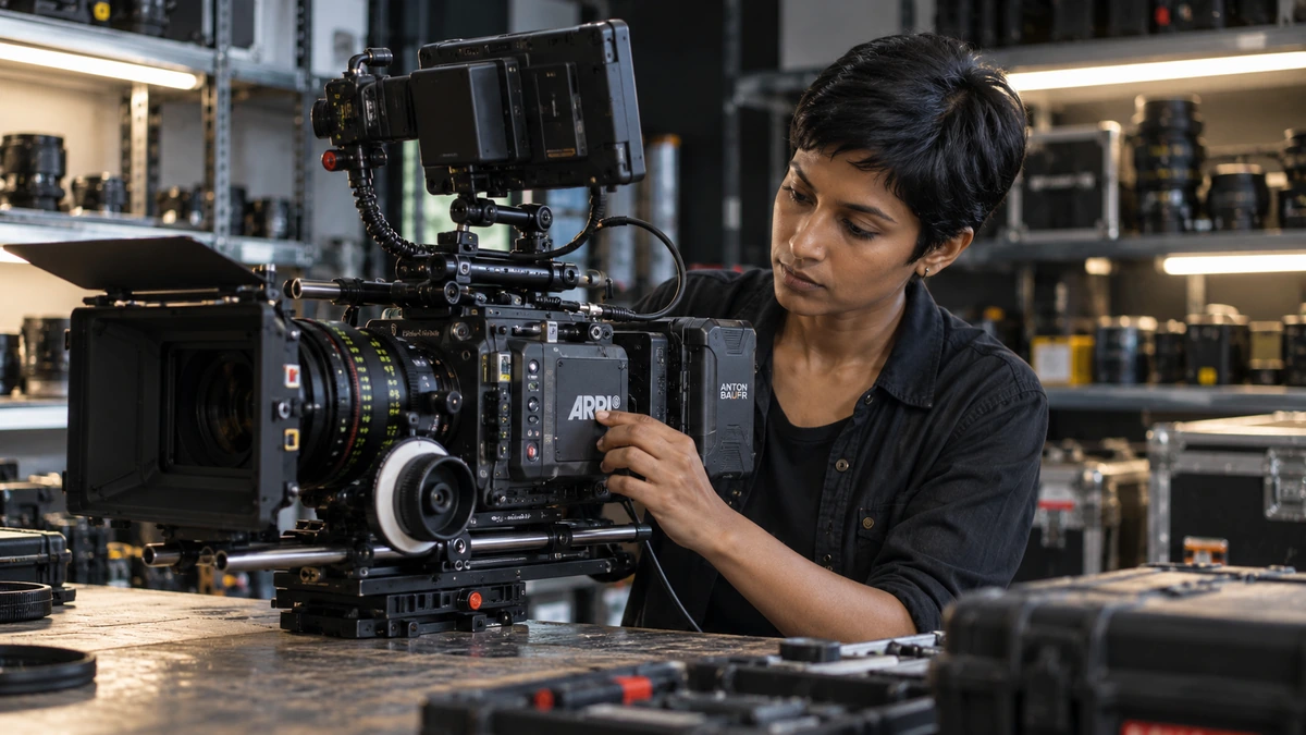 Une femme examine une caméra de cinéma dans un atelier.