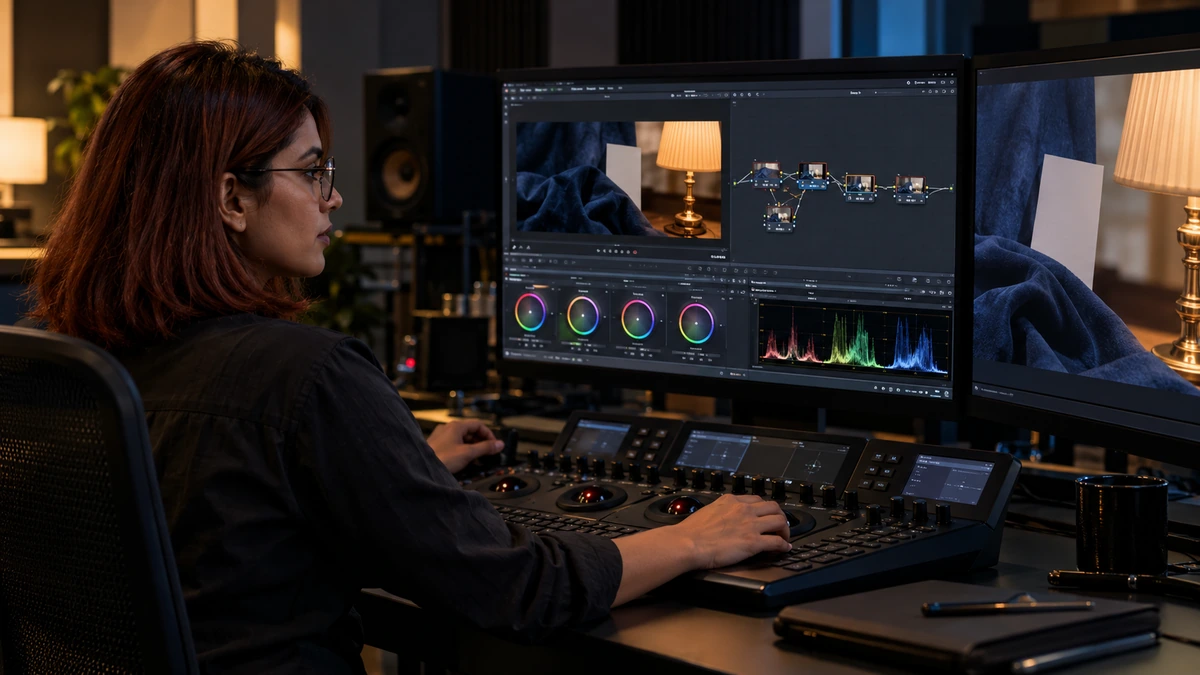 Une étalonneuse contrôle des images sur son moniteur de postproduction.