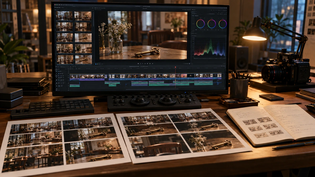 Un poste de montage réunit des images de contrôle et une séquence vidéo.