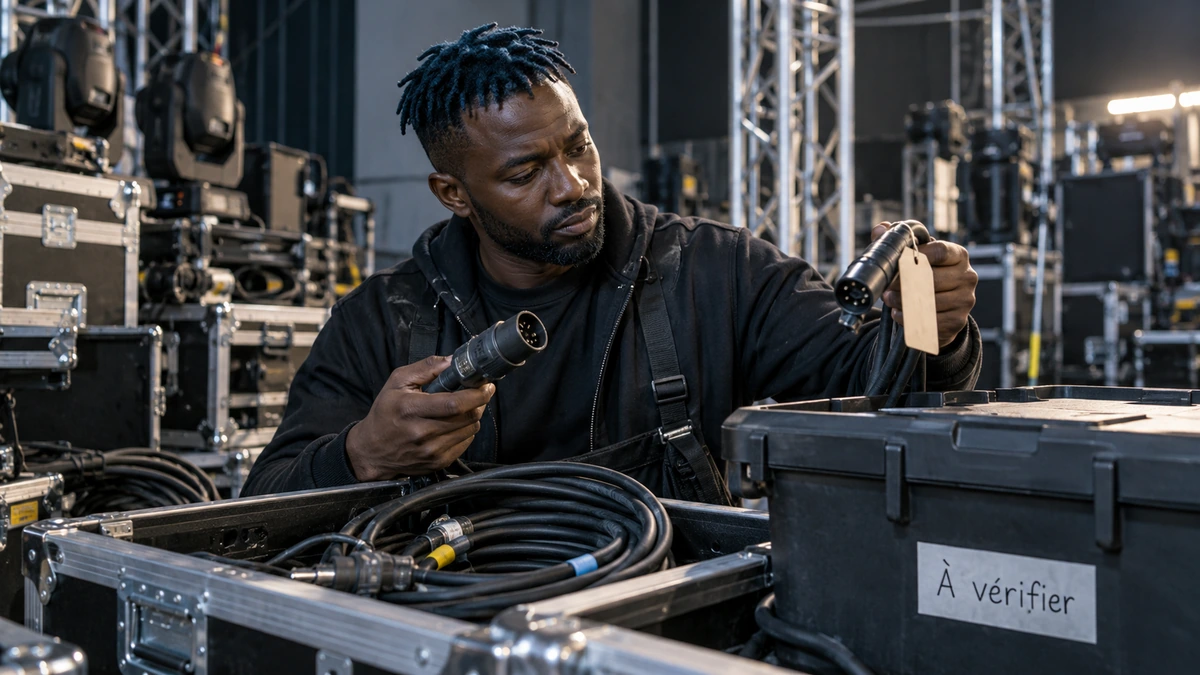 Un homme examine un connecteur au-dessus d’une caisse de matériel à vérifier.