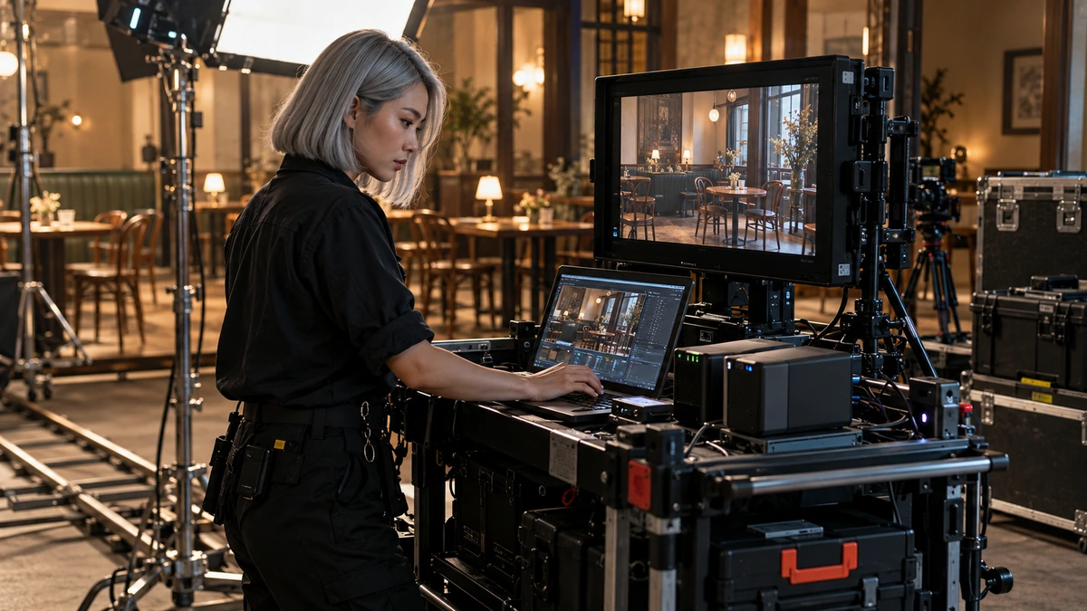 Une femme travaille sur un ordinateur installé sur une desserte de tournage.