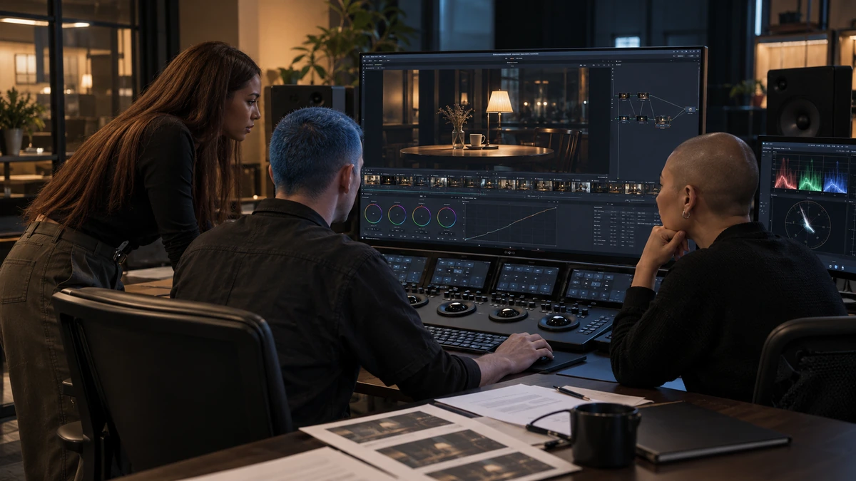 Trois cinéastes comparent la lecture d’une scène sur leur poste de postproduction.