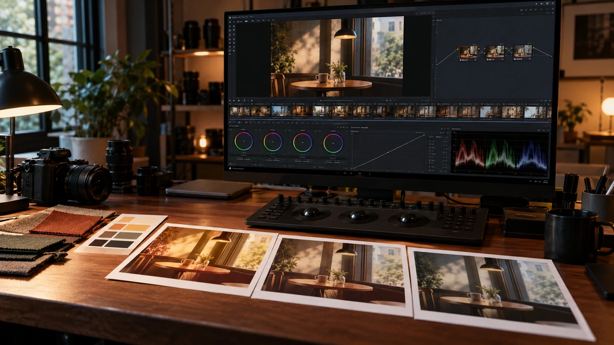 Un moniteur d’étalonnage et des références imprimées présentent une palette de scène.