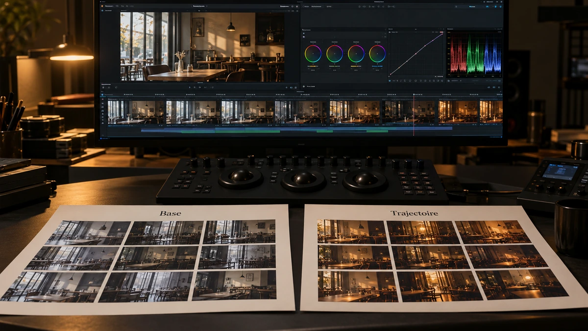 Des photographies de plans sont alignées sous un écran d’étalonnage.