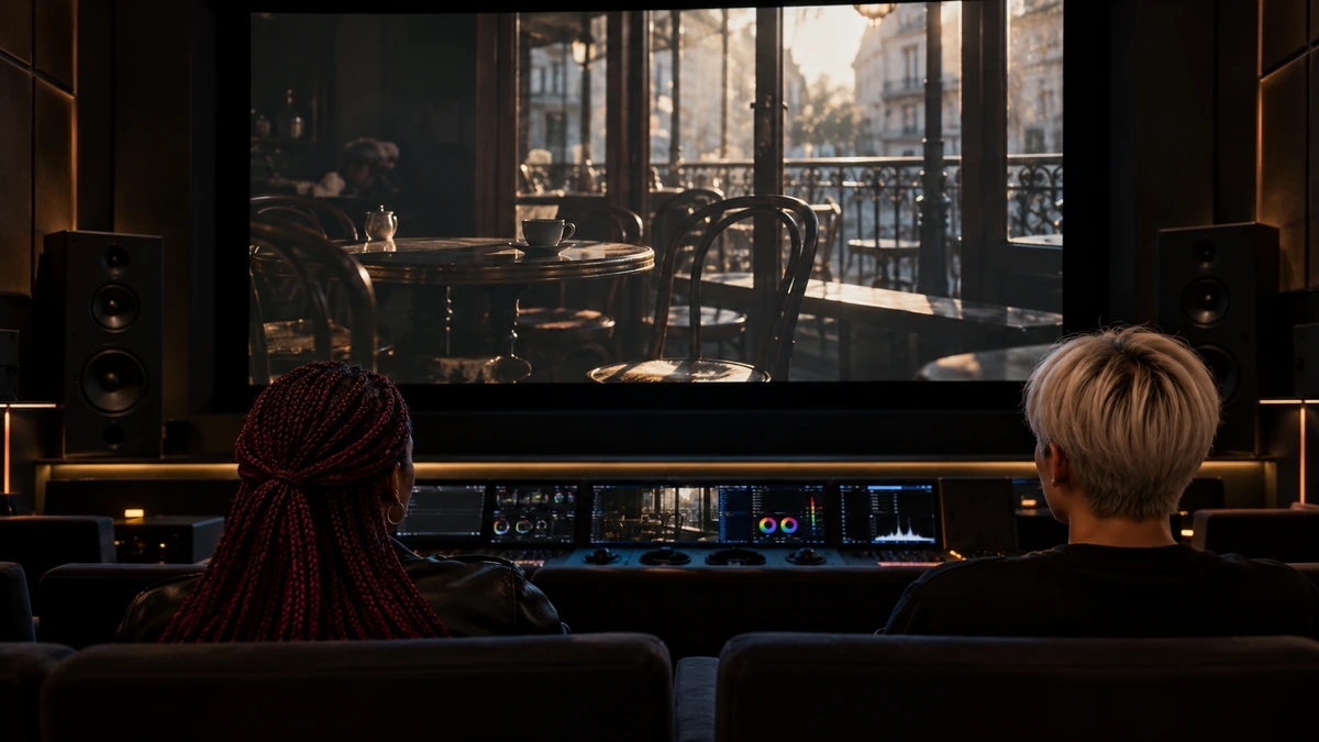 Deux personnes regardent une image d’intérieur projetée dans une salle sombre.