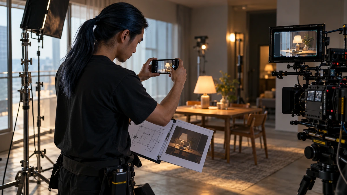 Une personne photographie au téléphone un décor et des positions de tournage.