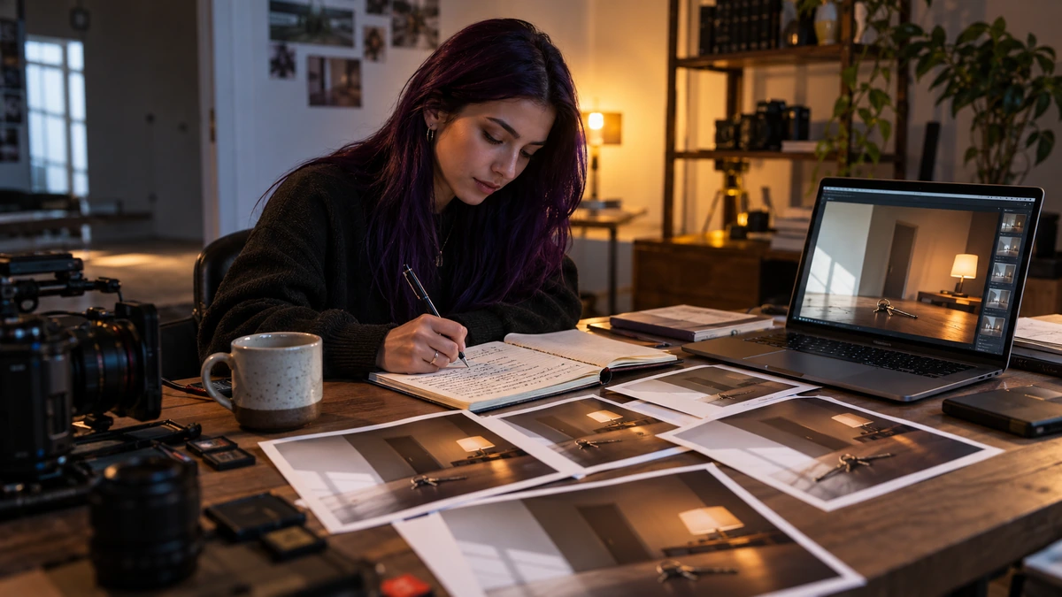 Une créatrice rédige ses observations près de son projet et de ses images de travail.