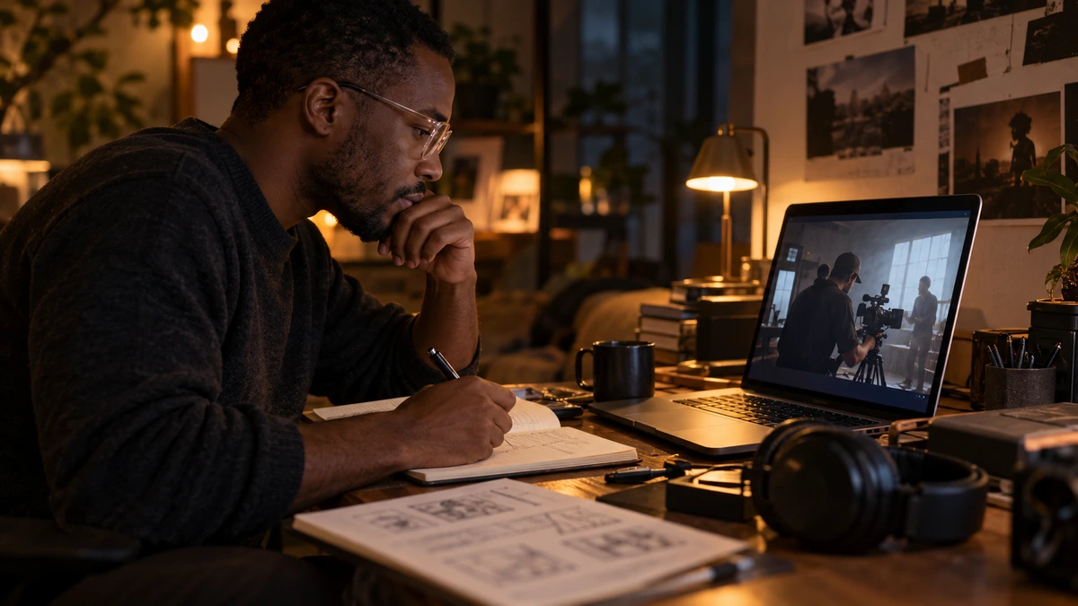 Un cinéaste examine une séquence et ses notes de projet.