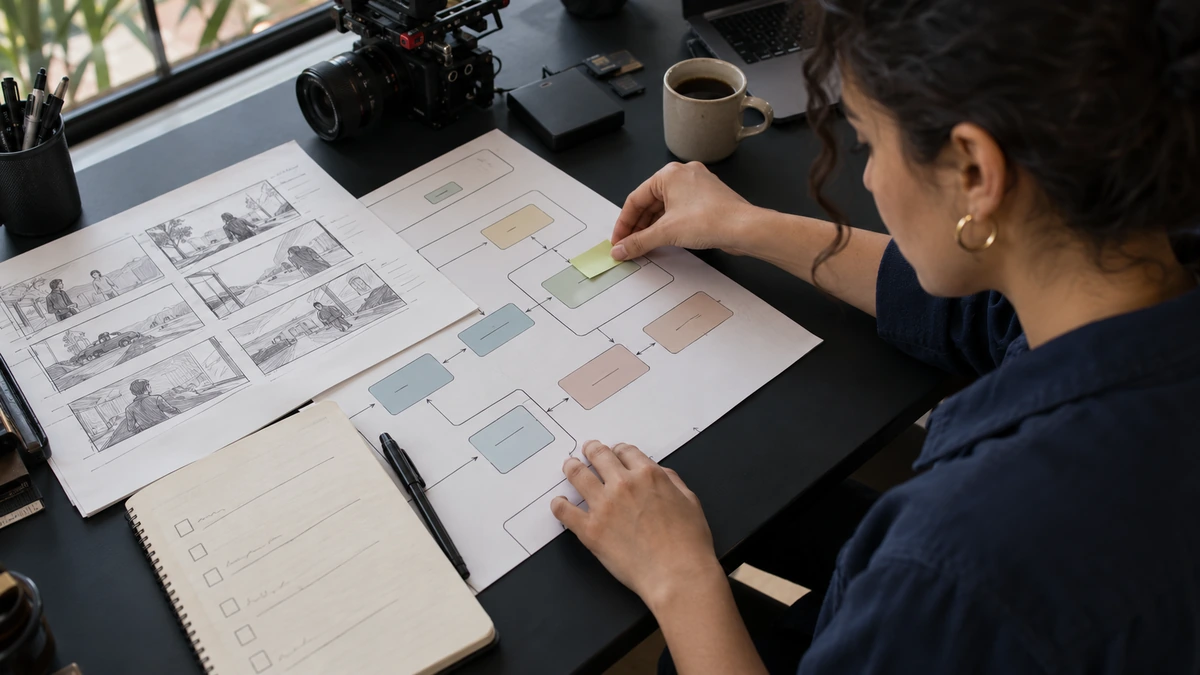 Une personne examine une carte de fabrication et des documents de projet.