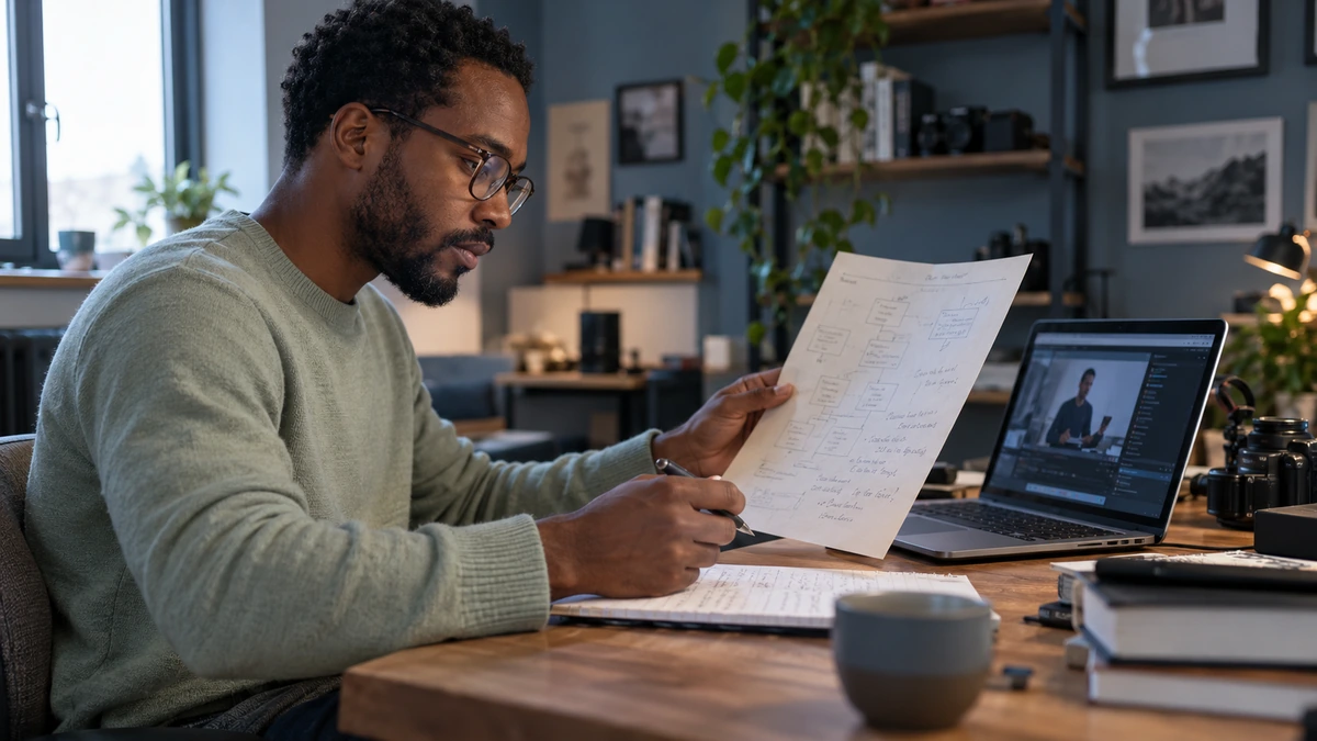 Une personne relit des pages en les comparant avec un document sur son ordinateur.