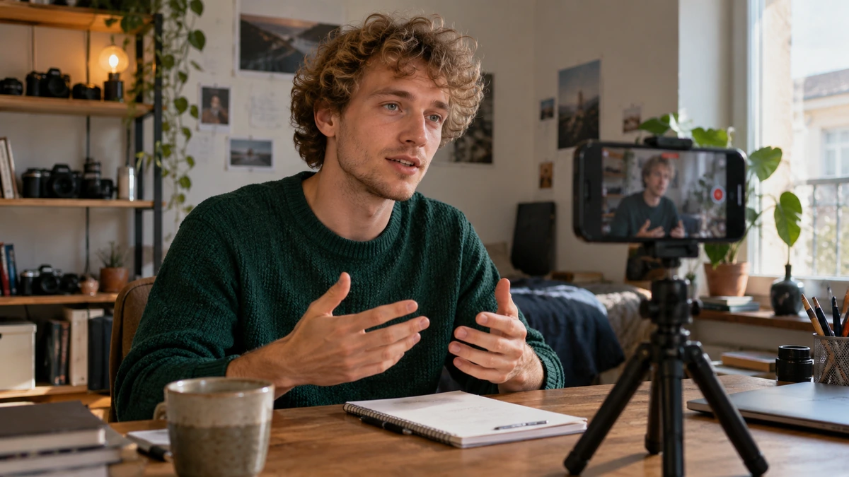 Un auteur parle de son projet face à une petite caméra sur sa table.